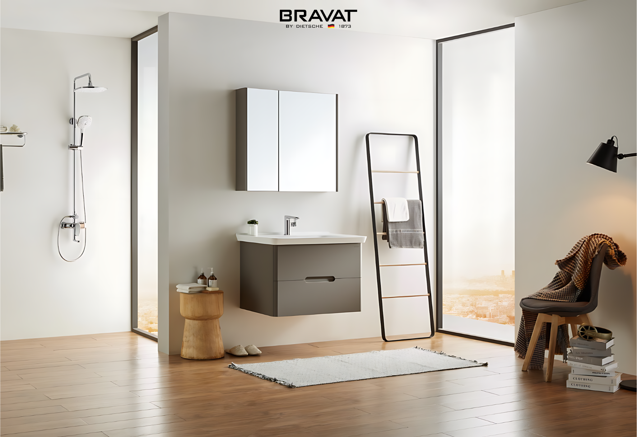 Bộ tủ chậu lavabo m&agrave;u x&aacute;m mờ v&agrave; sen tắm c&acirc;y Bravat cho chung cư hiện đại. 